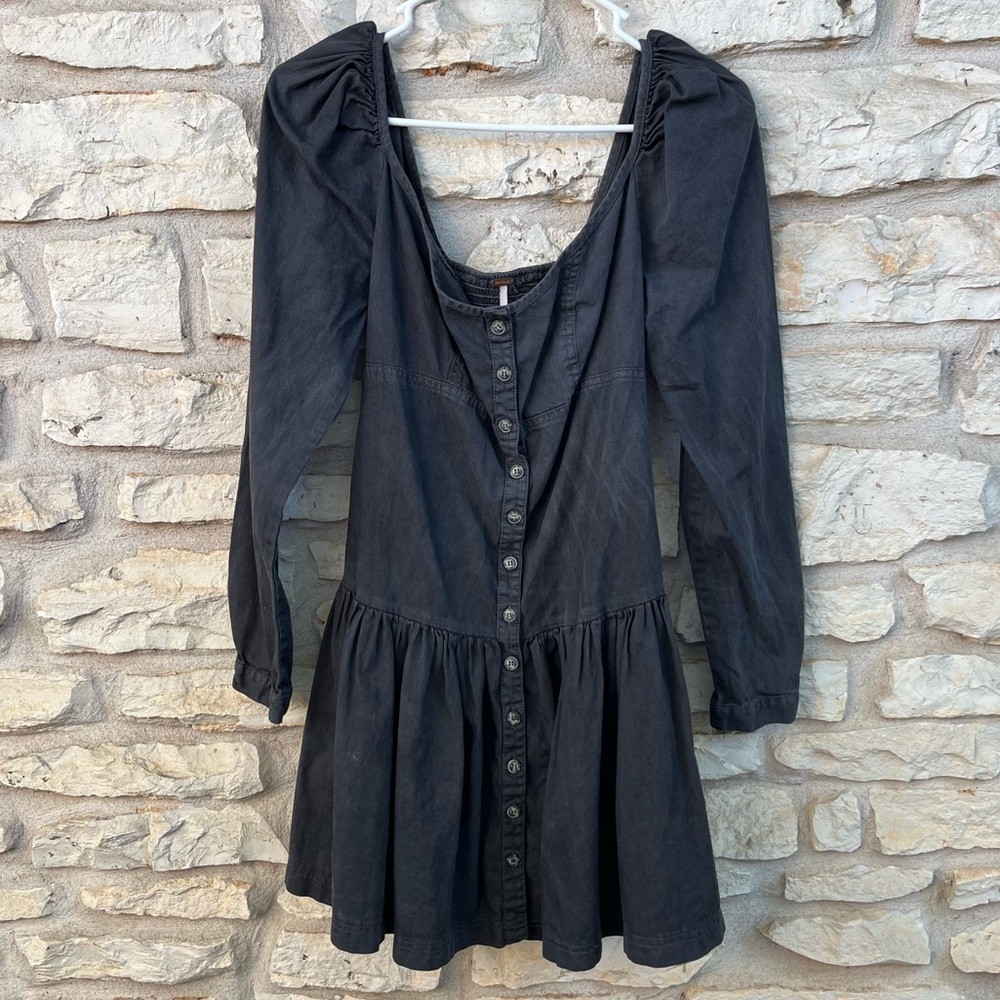 Free People Charcoal Grey Button Down Long Sleeve Dress XS